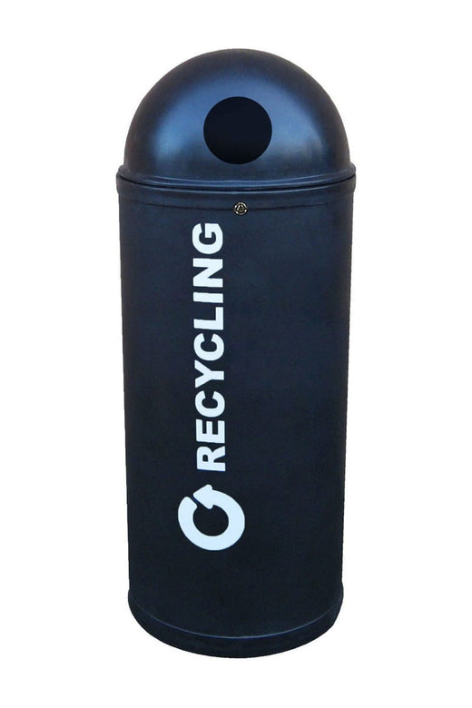 Black colored slimline bin with body sticker label recycling.