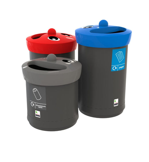 3 different sized smiley face trash bins with black body and colored lids in grey, red and blue.