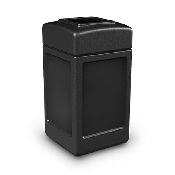 Black square open top litter bin, made from weather proof plastic with removable lift off lid