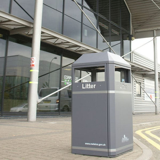 112L Heavy Duty Outdoor Powder-Coated Steel Bin with Litter text and silver band detail.