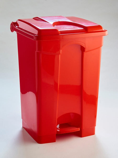 60 Litre pedal operated step bin in red with the lid closed