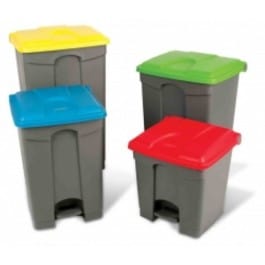 Grey body pedal bins with coloured lids in various sizes, including 30,45,70 and 90 litre