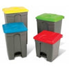 Group shot of 4 pedal bins showing different sizes, grey bodies and coloured lids