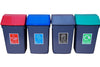 Group shot of 4 recycling bins.  Grey bases with coloured lids and graphics to match waste stream