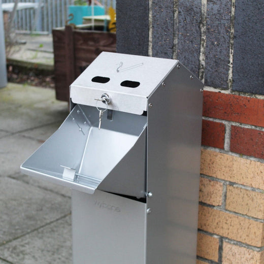 Cigarette disposal bin with open front and 2 small open apertures and cigarette iconography to the lid