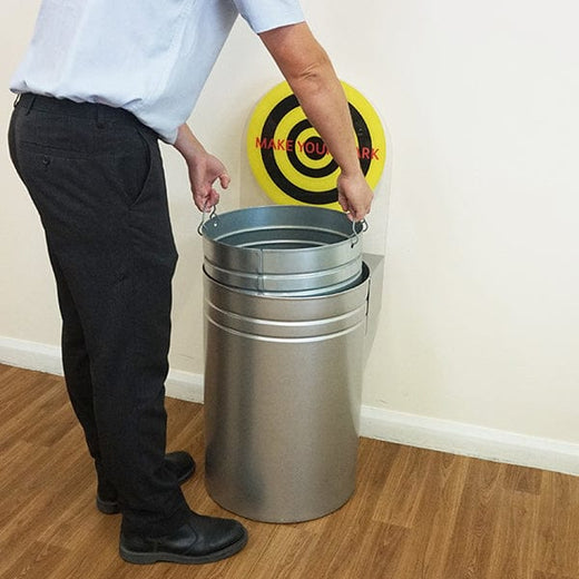 Circular waste bin with easy removable handled liner.