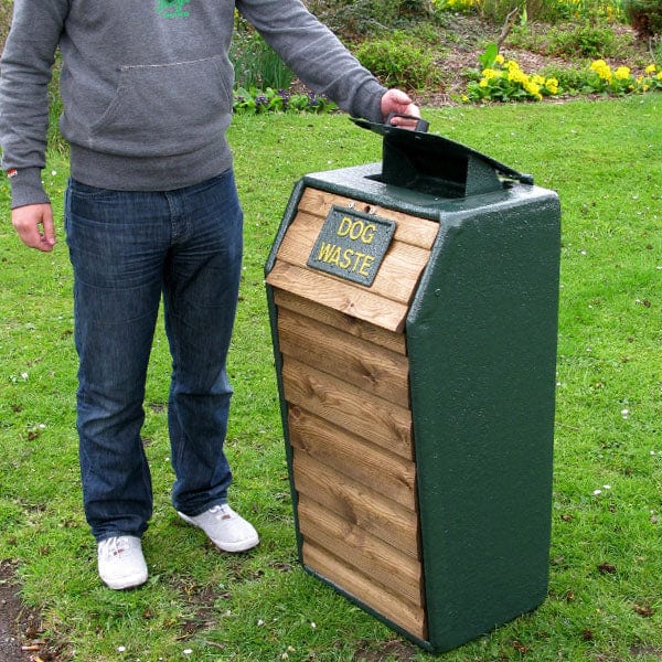 91 Litre capacity dog waste bin with discretionary chute lifted open.  Green glass fibre surround with oak slats