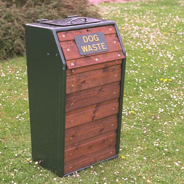 Dog waste bin, 91 litre capacity with green surround and dark oak slats, complete with dog waste plate on the lid