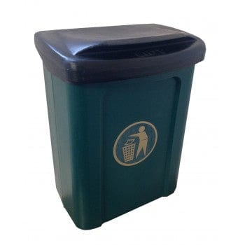 Green plastic body mountable litter bin with black lift up lid, complete with gold tidyman iconography