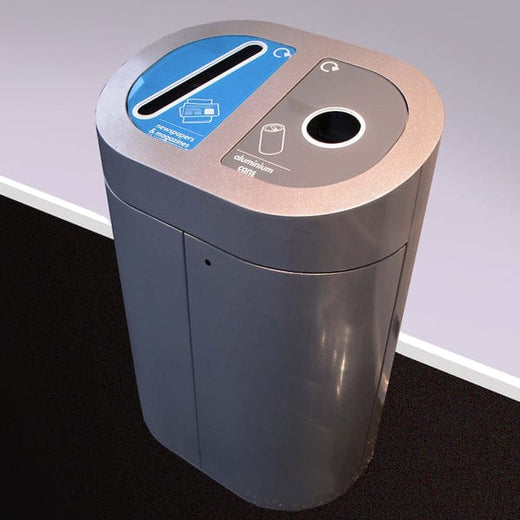 Twin recycling station with 2 apertures on the top, 1 for paper and 1 for cans