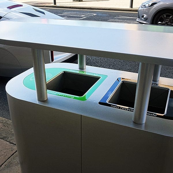 Hooded recycling bin with mixed recycling and general waste open apertures 
