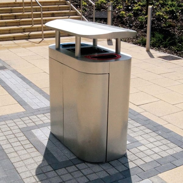 Large outdoor galvanised 3 compartment recycling bin with rain cover, featuring 3 open apertures for recycling