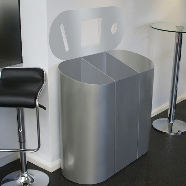 Triple recycling station powder coated in grey with lift lid open