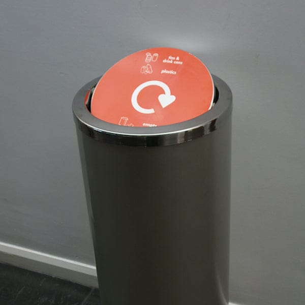 Swing bin with red plastics label with lid semi open