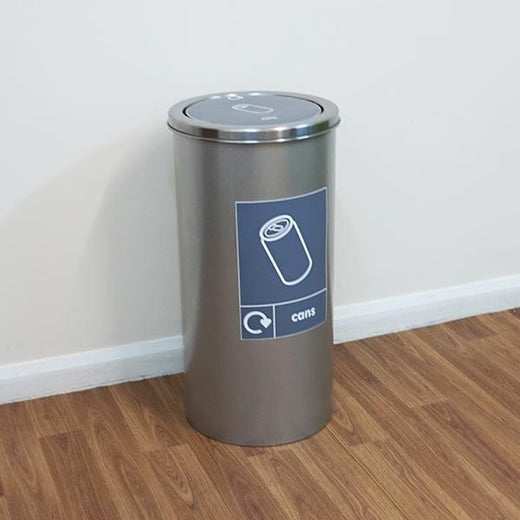 Torpedo swing recycling bin with cans iconography to the front and top of the lid