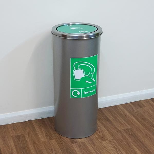 Internal circular recycling bin with food waste graphic to the front and the swing lid