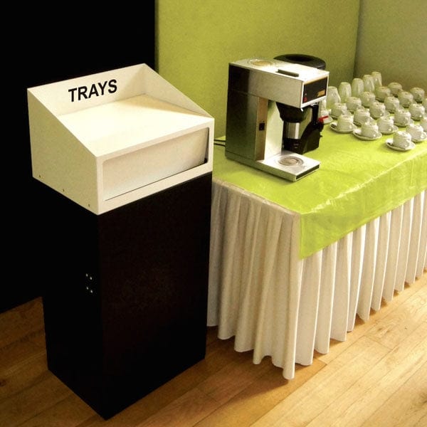 Tray litterbin with black body and white lid containing tray wording for canteens