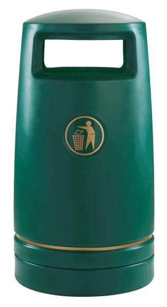 Robust green external litter bin, 100 litre capacity with old tidyman iconography to the front