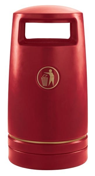 Weather resistant external litter bin with domed top and rectangular apertures to the front and back
