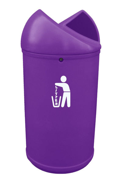 External litter bin made from plastic with purple finish, containing white litter iconography