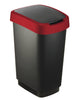 Slim proflie litterbin with 50 litre capacity.  Black base with lid in the closed position, red surround to the  rim