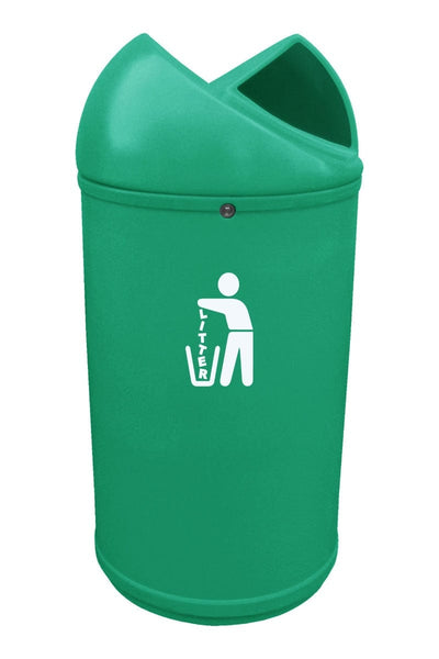 Plastic external litterbin with iconography and lockable lid with twin apertures for waste disposal