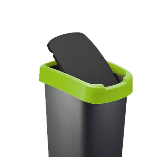 Black bodied internal trash bin with slightly open swing lid.