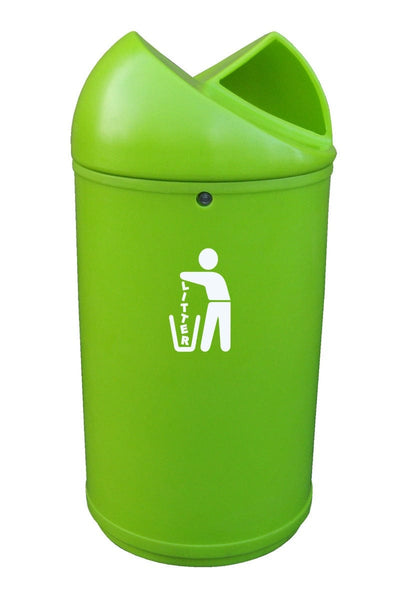 Lime green litterbin with litter icon. complete with dual aperture lid and locking mechanism