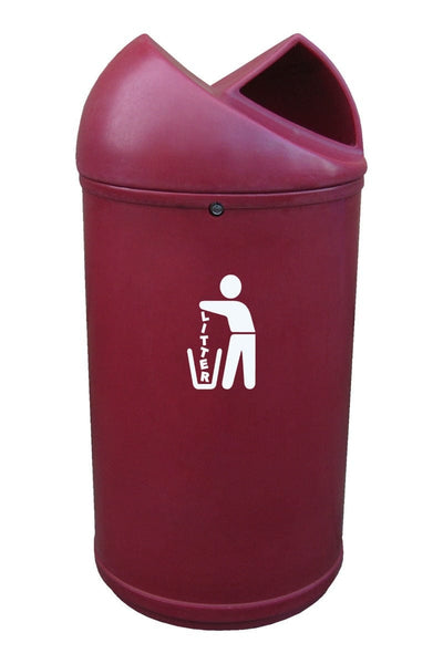 Maroon plastic litter bin with a 90 litre capacity, twin aperture lid and locking mechanism