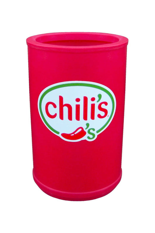 Pink universal recycling bin with large aperture and Chili's sticker attached. 