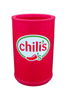 Pink universal recycling bin with large aperture and Chili's sticker attached. 