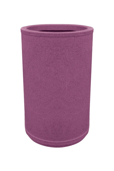 Ciruclar plastic litter bin with large open aperture finished in burgundy