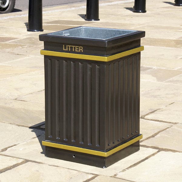 Large open top square litterbin with decorative gold banding to the top and bottom.  Litter text in gold below the rim with flute design to all sides