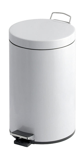 White powder coated pedal bin with carry handle on the back