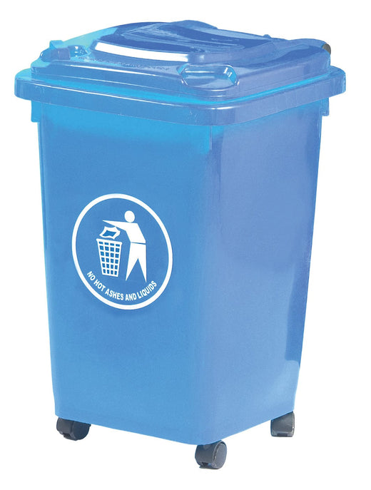 50 litre blue plastic wheelie bin with 4 wheels and tidy man logo