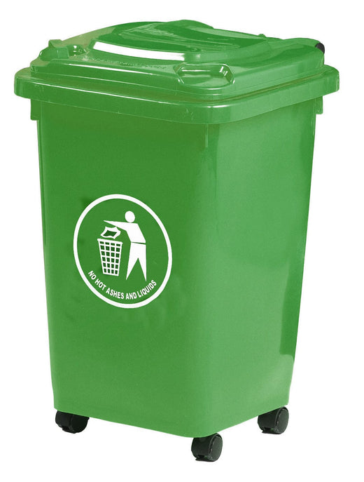 50 litre green plastic wheelie bin with 4 wheels and tidy man logo