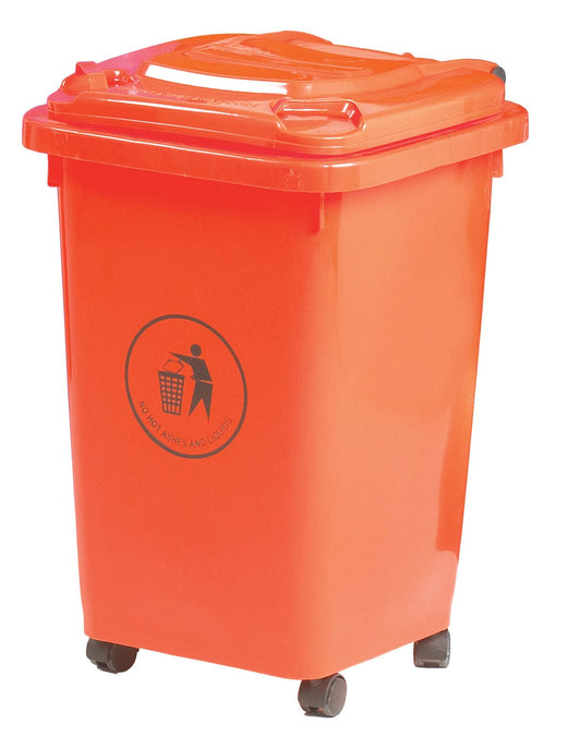 50 litre red plastic wheelie bin with 4 wheels and tidy man logo