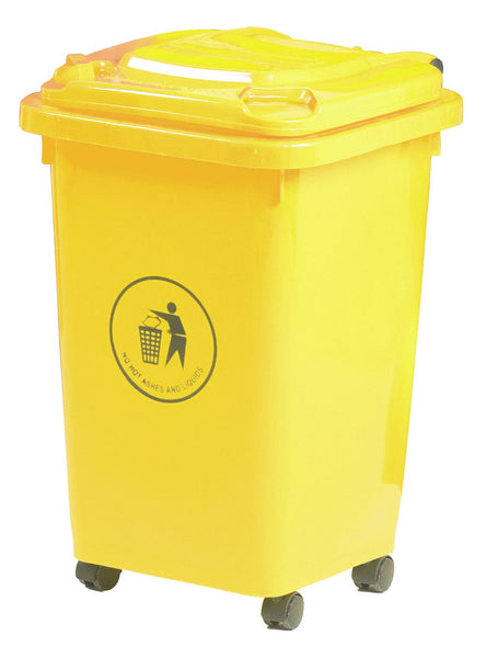 50 litre yellow plastic wheelie bin with 4 wheels and tidy man logo