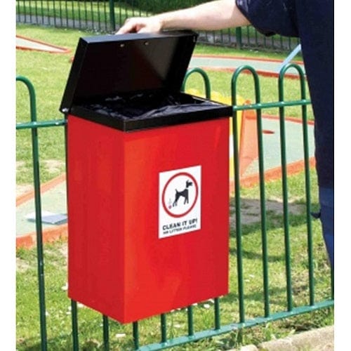 56 Litre capacity dog waste bin with red body and black lift up lid.  Complete with clean it up iconography to the front  