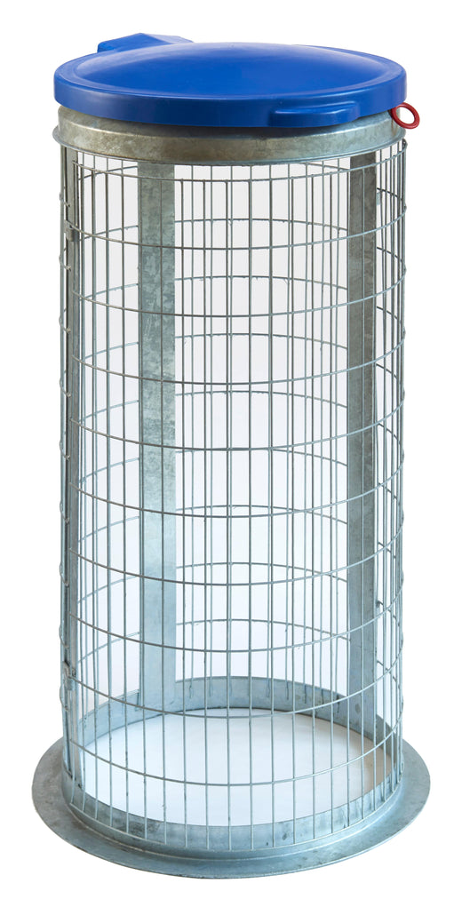 Galvanised steel construction litter bin with front opening section for easy emptying, complete with blue lid 