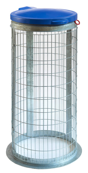 Galvanised steel construction litter bin with front opening section for easy emptying, complete with blue lid 