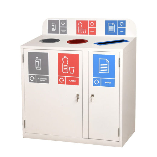 Three Bay 240 litre recycling station with waste streams cans, plastics and paper