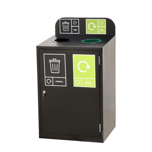 Black 2 compartment recycling station with general waste and mixed recycling open apertures