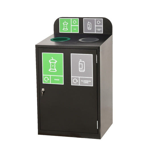 Internal 2 bay recycling bin with food waste and cans open apertures complete with graphics