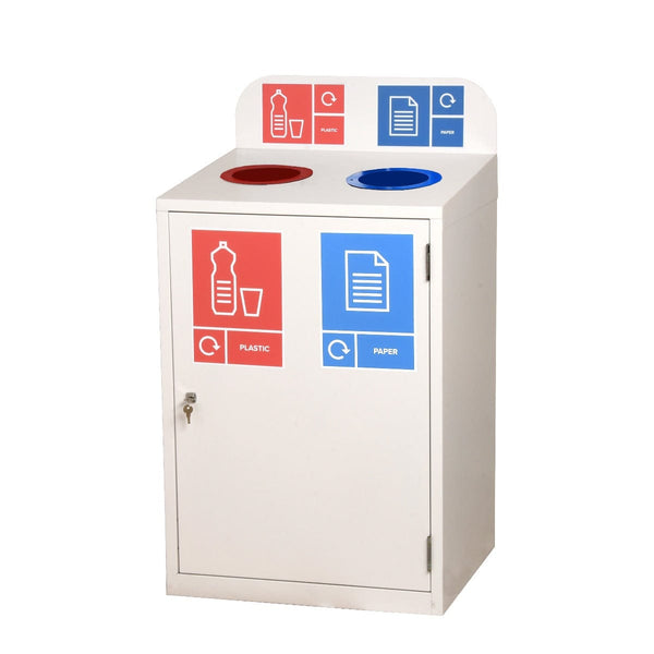 2 Compartment metal recycling bin with plastics and paper waste streams with open apertures