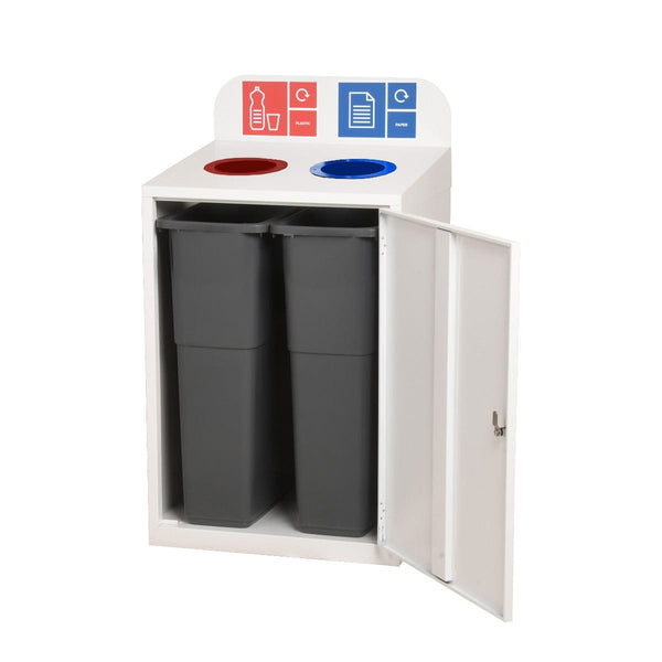 White metal 2 compartment recycling bin with door open to show internal liners
