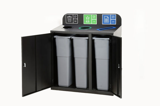 Black 3 compartment recycling bin with waste streams with doors open showing internal liners