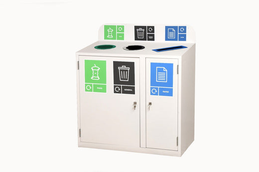 3 Bay recycling station in white with open apertures and slot aperture